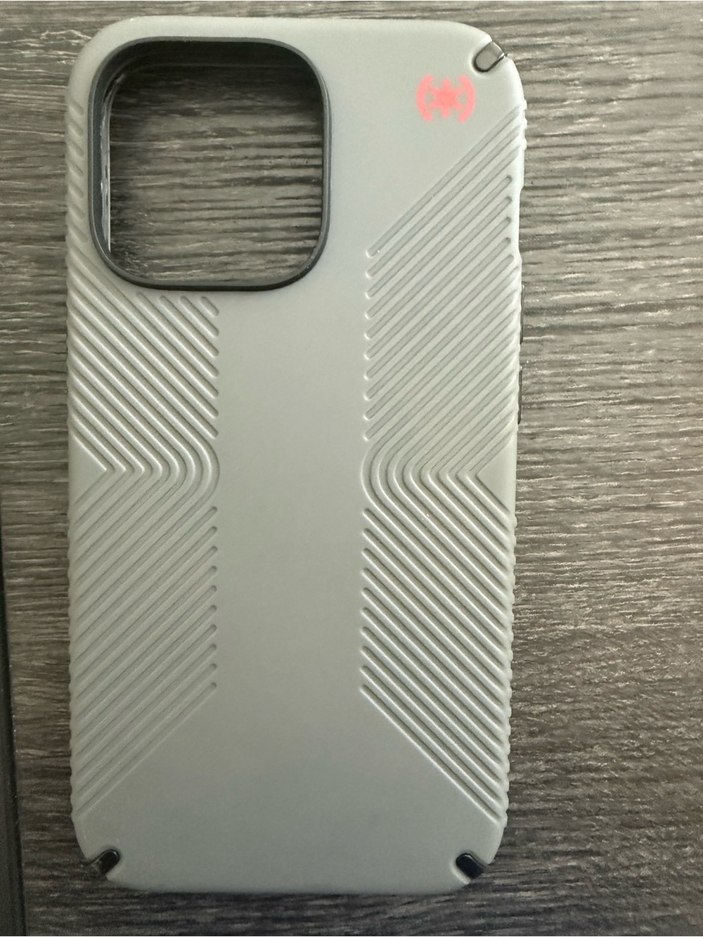 speck Presidio Grip Case in Light Gray with red logo- iPhone 15